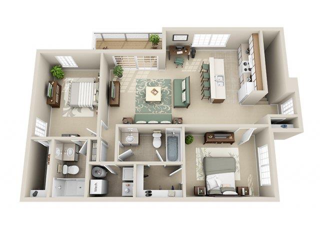 Floor plan for 2 beds, 2 baths, 1200 sqft